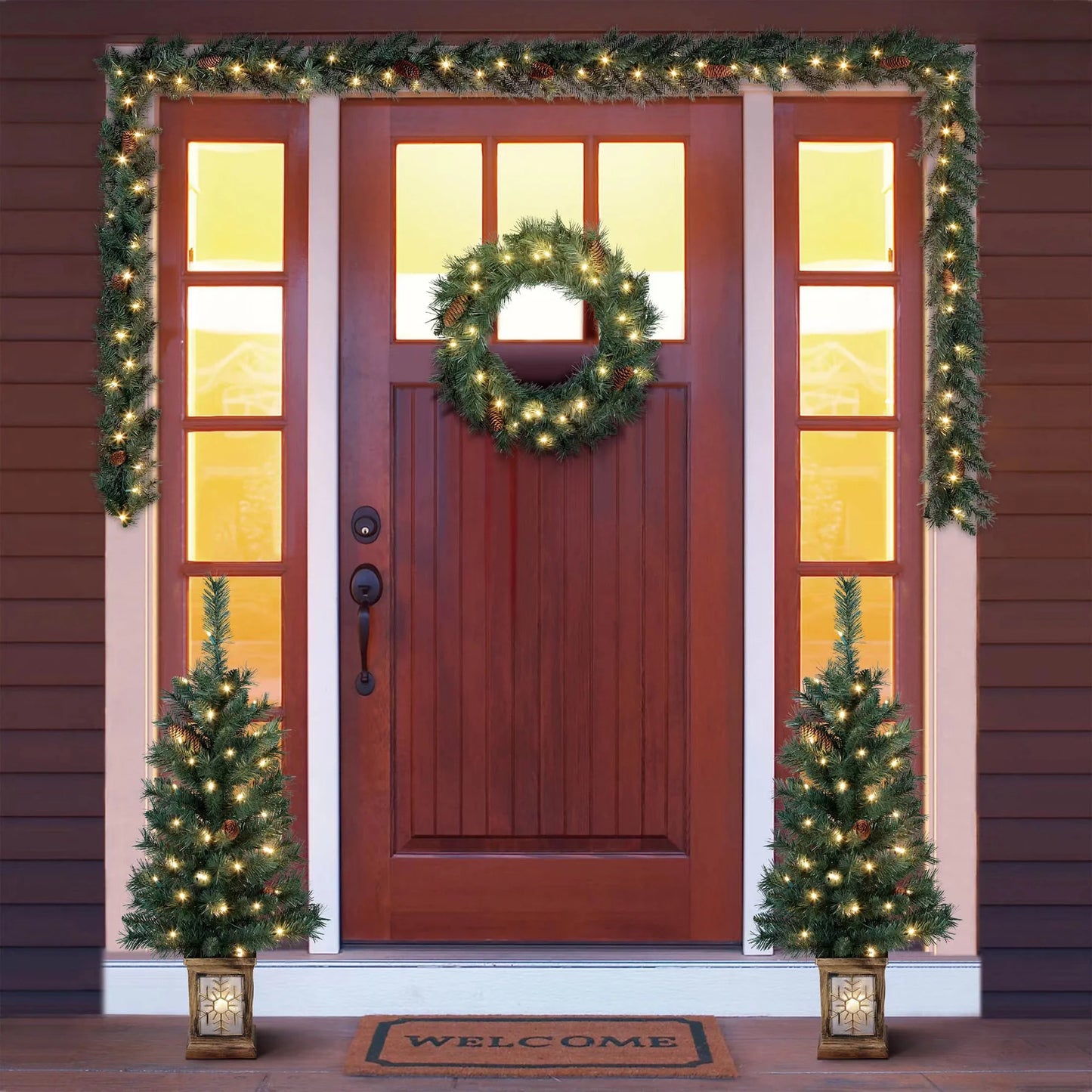 5-Piece Pre-Lit Christmas Entryway Set with Warm White LED Lights - Trees, Wreath & Garlands