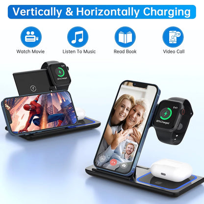 3-in-1 Wireless Charging Station for iPhone, Apple Watch, and AirPods | 18W Fast Charger with QC3.0 Adapter