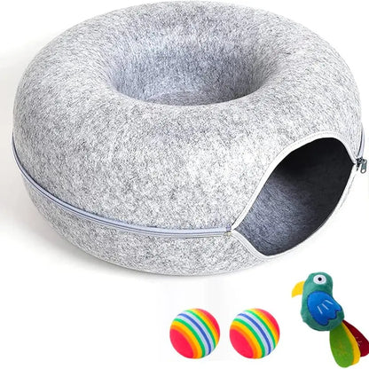 Large Scratch-Resistant Cat Tunnel Bed with Toys | Cozy Donut Bed for Indoor Cats & Multiple Pets up to 30 lbs