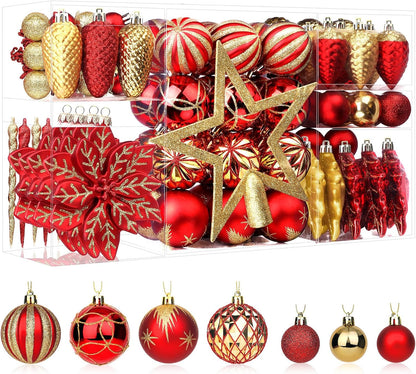 106PCS Christmas Ornament Set – Red & Gold Shatterproof Baubles with Hooks for Tree, Party & Wedding Decor