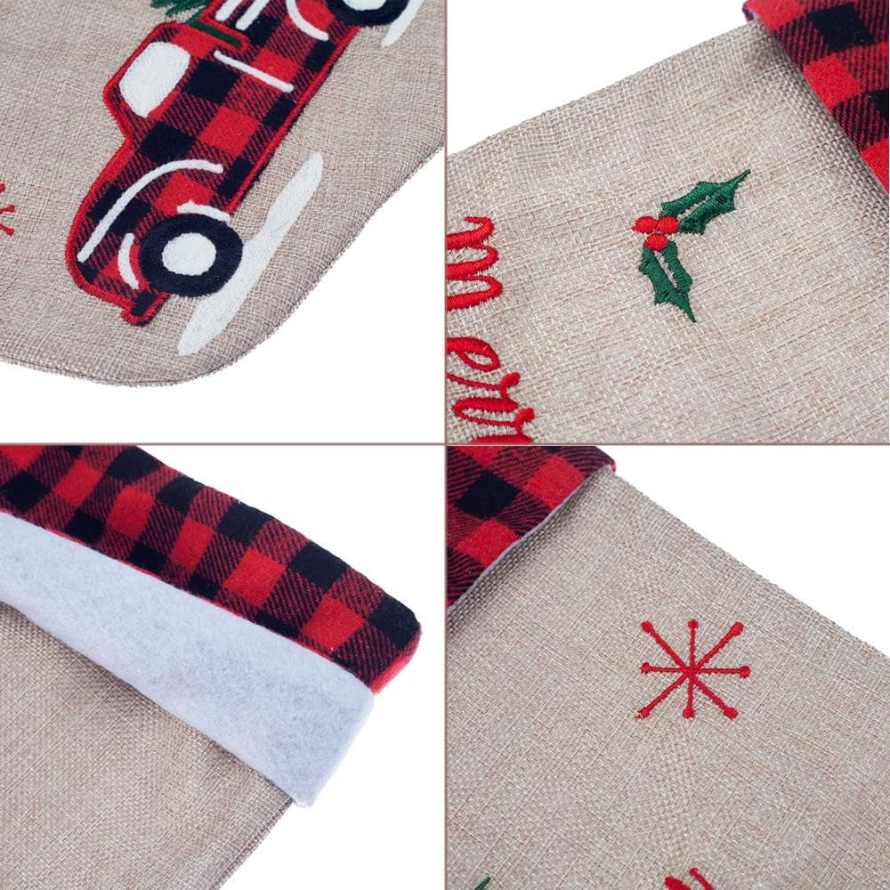 21-Inch Burlap Christmas Stockings with Embroidered Truck & Buffalo Plaid Cuff – Festive Holiday Gift Holders