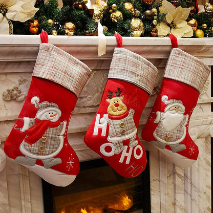 Christmas Stockings Set of 3 – Santa, Snowman & Reindeer 3D Plush with Knit Border, 17'' Large Hanging Decor