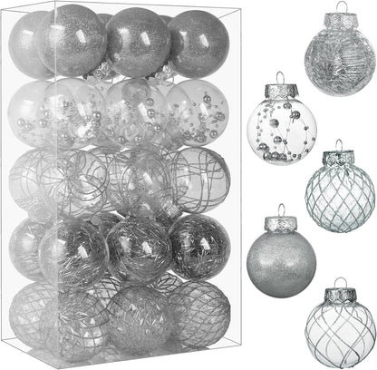 30-Pack Clear Shatterproof Christmas Ball Ornaments | 2.36 Inch Silver Baubles for Christmas Tree & Party Decorations