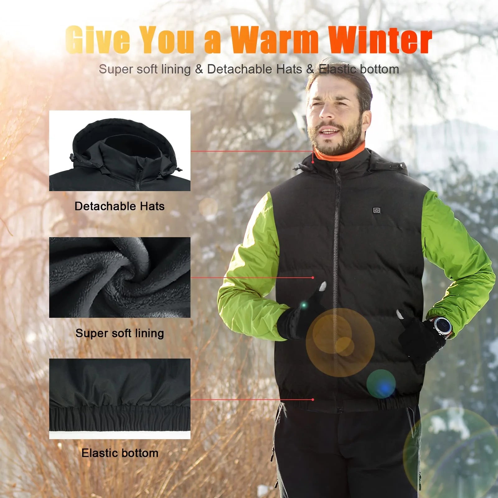 Heated Vest with 10000mAh Battery Pack & Detachable Hood - 9 Heating Zones, 3 Levels - Size XL