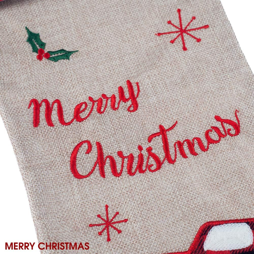 21-Inch Burlap Christmas Stockings with Embroidered Truck & Buffalo Plaid Cuff – Festive Holiday Gift Holders