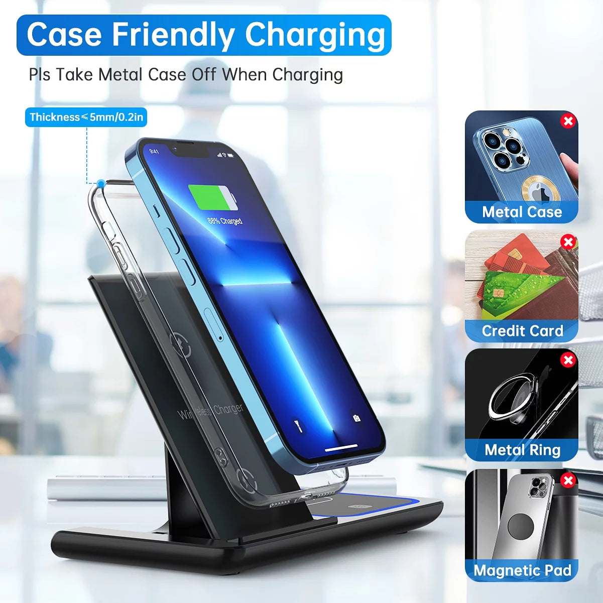 3-in-1 Wireless Charging Station for iPhone, Apple Watch, and AirPods | 18W Fast Charger with QC3.0 Adapter