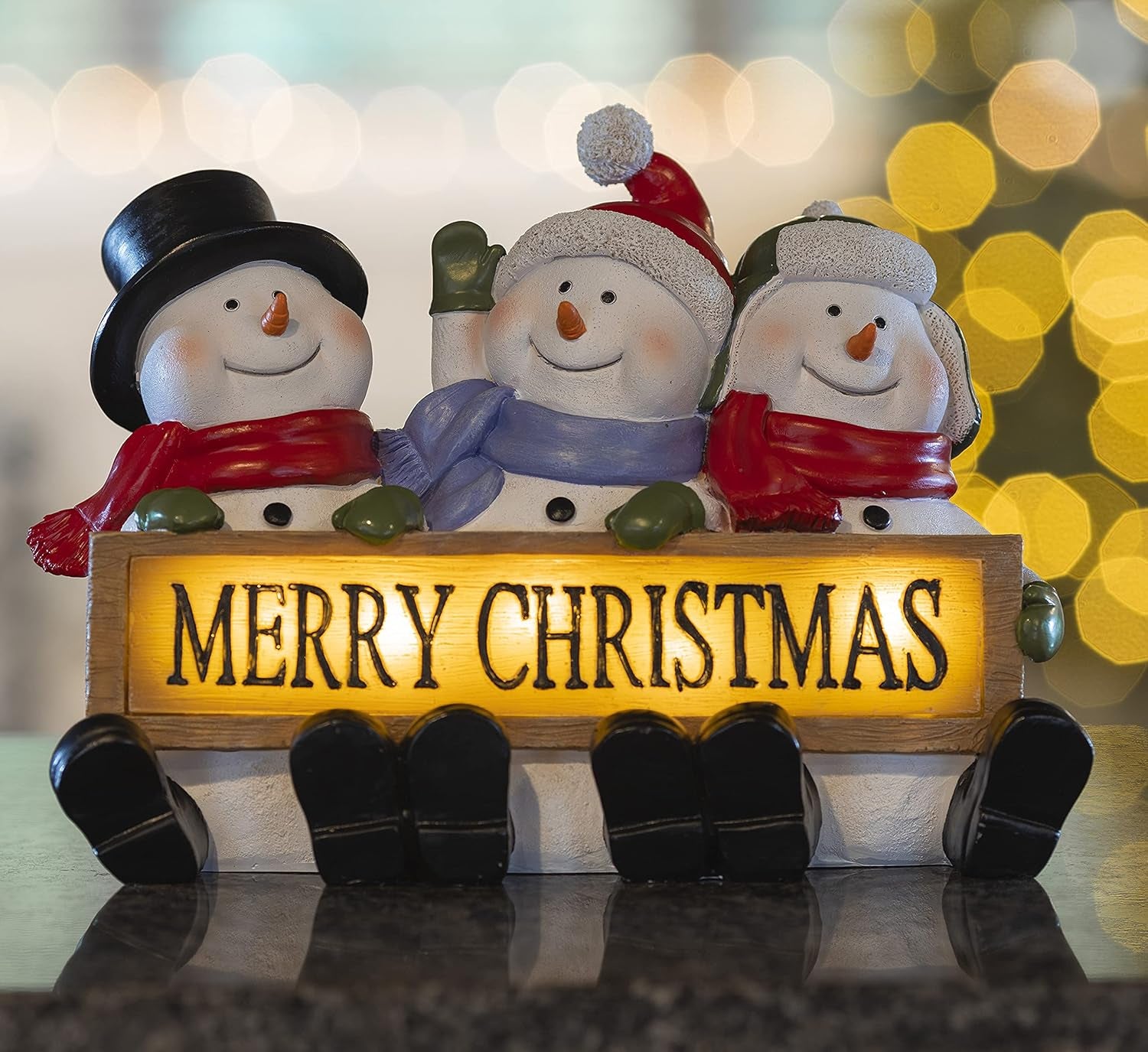 LED Lighted Snowman Trio - Glowing Merry Christmas Sign Figurines, Resin Fiber Optic Decor for Indoor Holiday Display