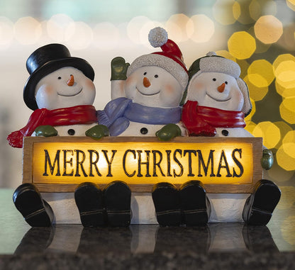 LED Lighted Snowman Trio - Glowing Merry Christmas Sign Figurines, Resin Fiber Optic Decor for Indoor Holiday Display