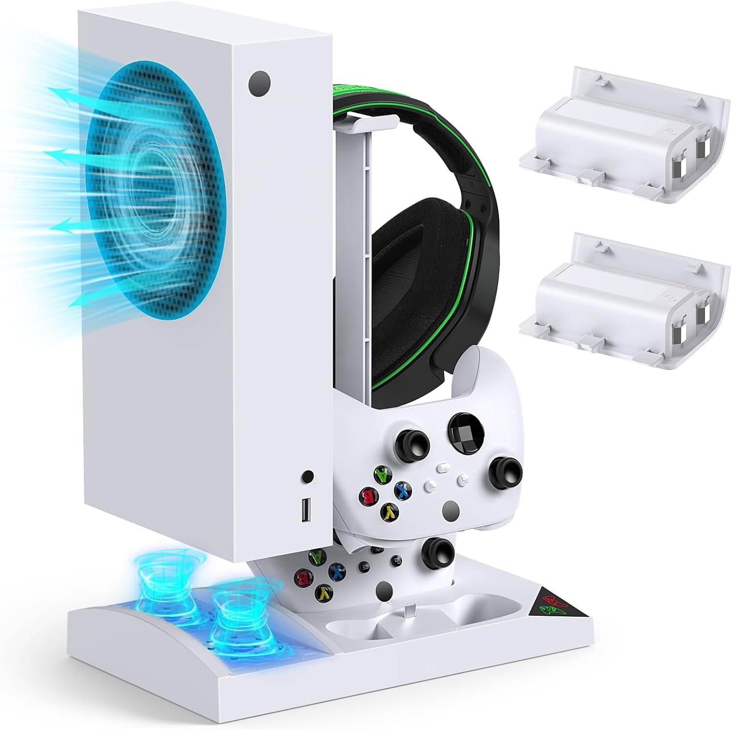 Cooling Stand and Charger Dock for Xbox Series S | Vertical Dual Fan with 2x 1400mAh Rechargeable Batteries & Headphone Holder