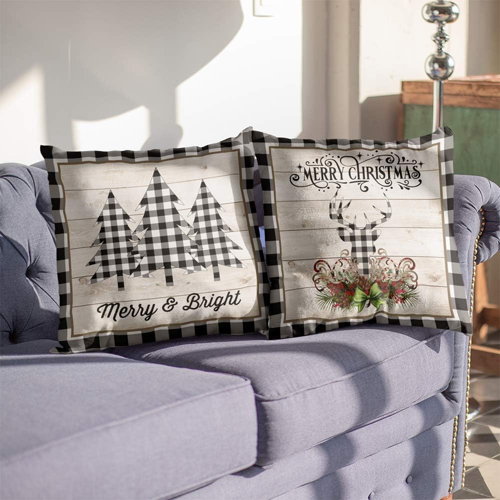 Christmas Plaid Pillow Covers – 4 Pack 18x18” Farmhouse Decor with Tree & Truck Design