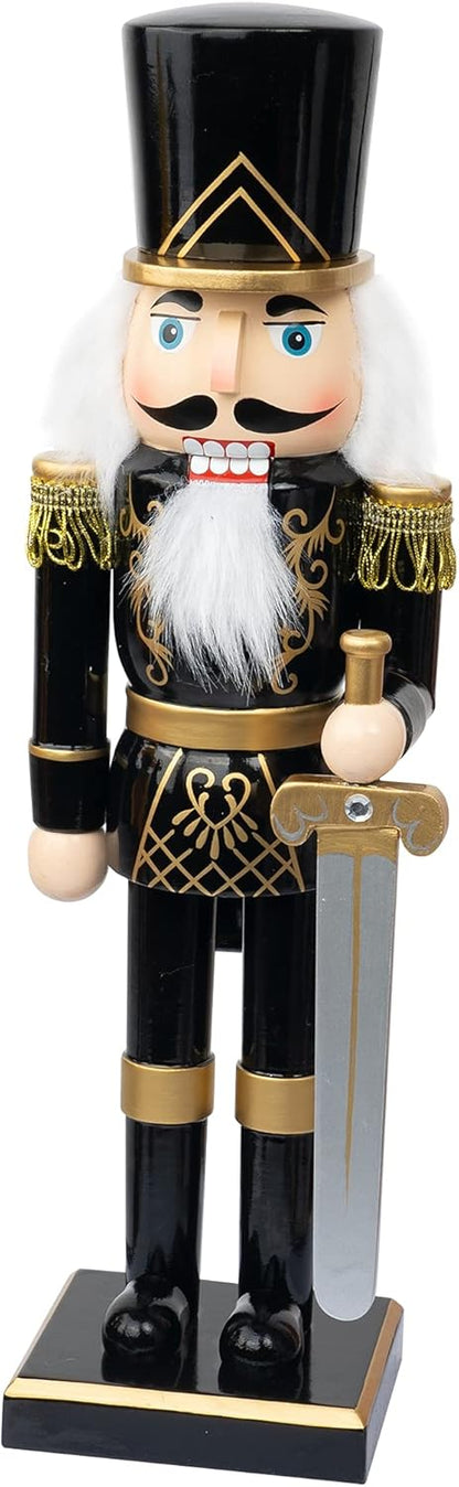 14-Inch Wooden Nutcracker Soldier in Black Uniform with Sword - Handmade Christmas Decoration for Tabletop, Fireplace, and Indoor Holiday Decor