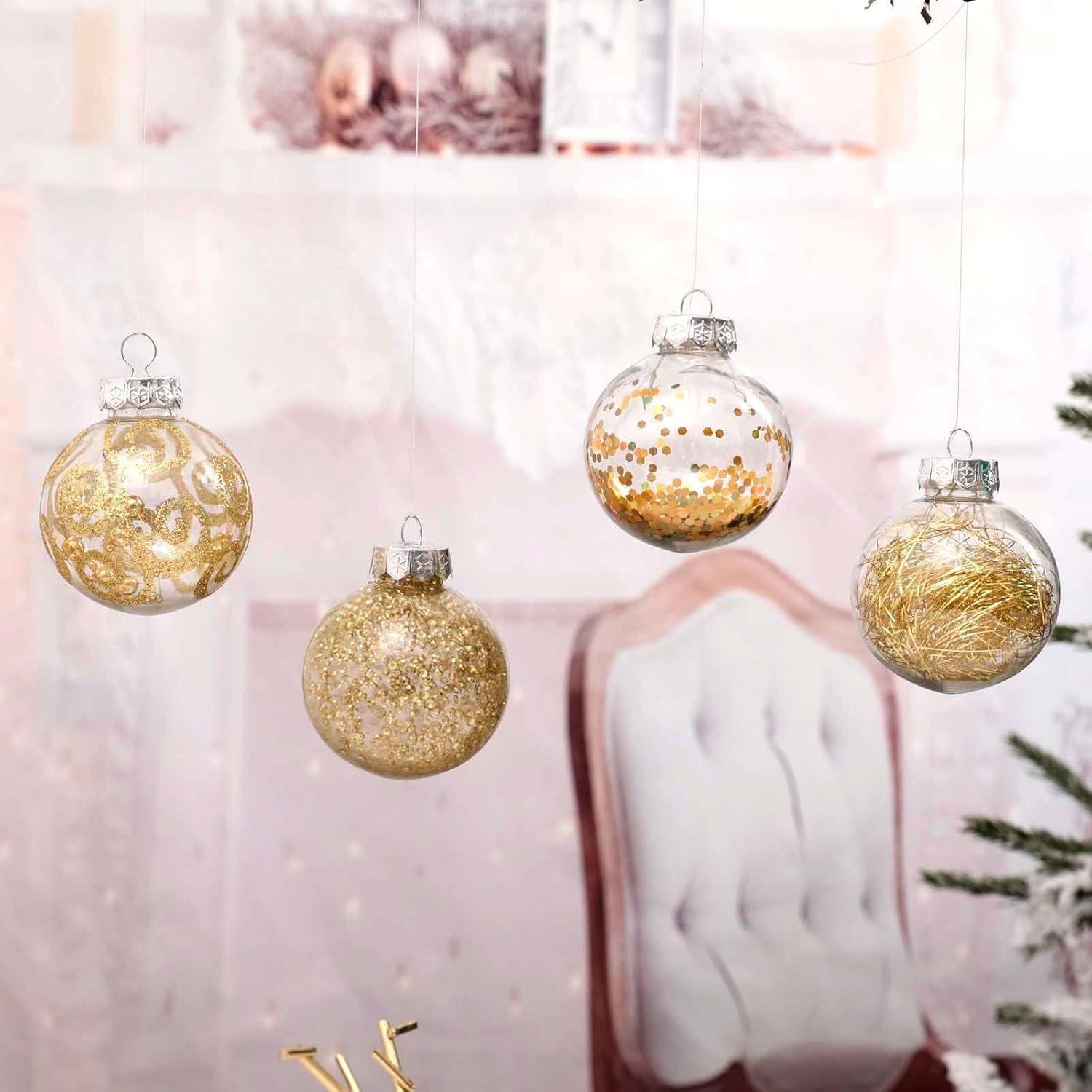 Shatterproof Gold Christmas Ball Ornaments – 70mm Large Clear Decorative Baubles with Delicate Fillings