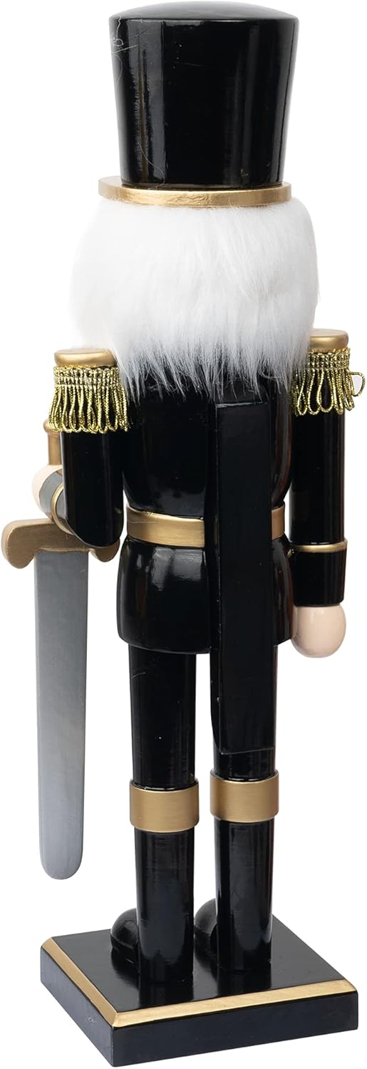 14-Inch Wooden Nutcracker Soldier in Black Uniform with Sword - Handmade Christmas Decoration for Tabletop, Fireplace, and Indoor Holiday Decor