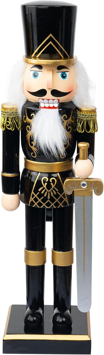 14-Inch Wooden Nutcracker Soldier in Black Uniform with Sword - Handmade Christmas Decoration for Tabletop, Fireplace, and Indoor Holiday Decor