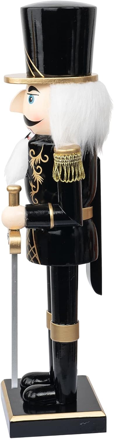 14-Inch Wooden Nutcracker Soldier in Black Uniform with Sword - Handmade Christmas Decoration for Tabletop, Fireplace, and Indoor Holiday Decor