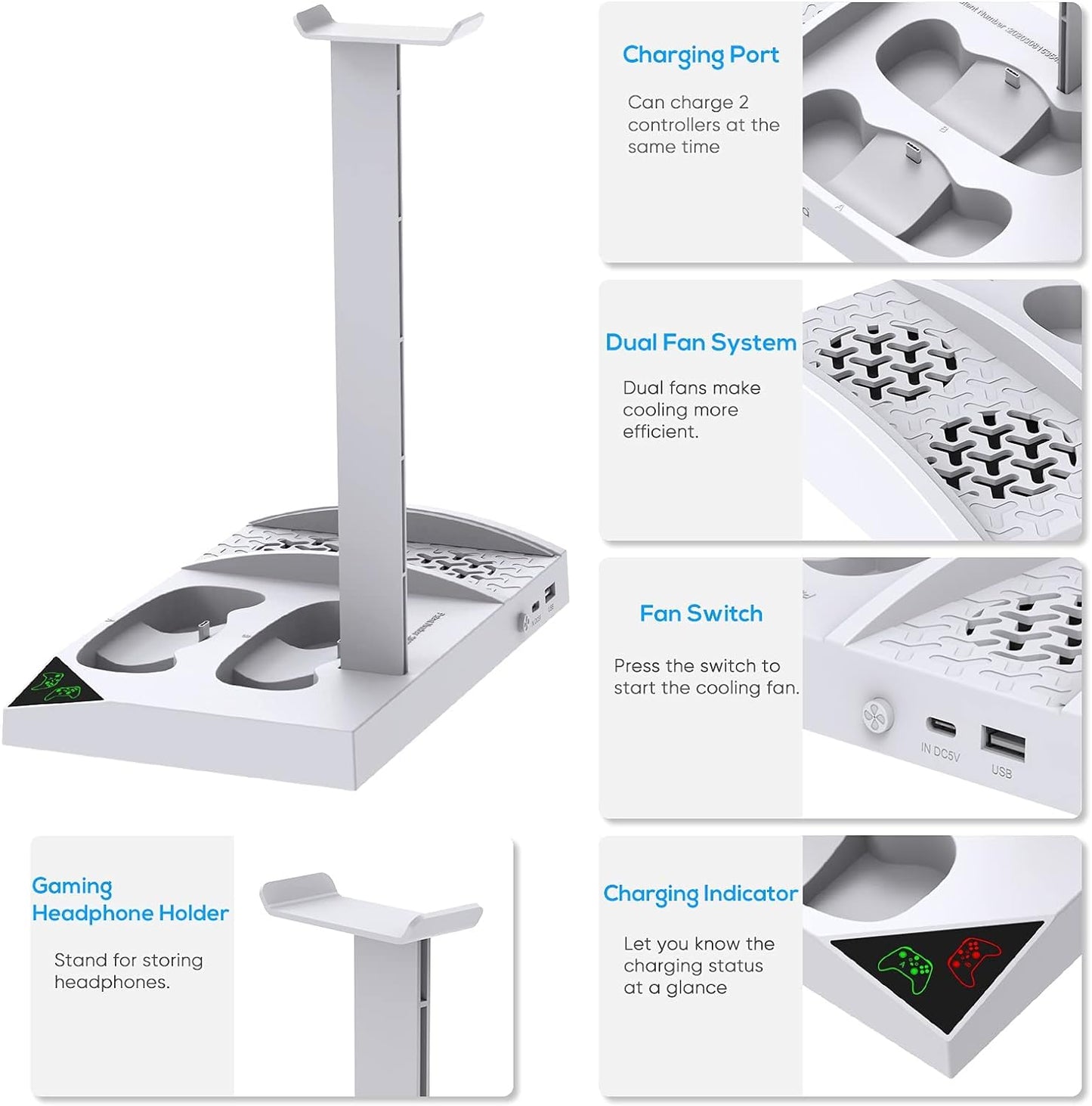 Cooling Stand and Charger Dock for Xbox Series S | Vertical Dual Fan with 2x 1400mAh Rechargeable Batteries & Headphone Holder