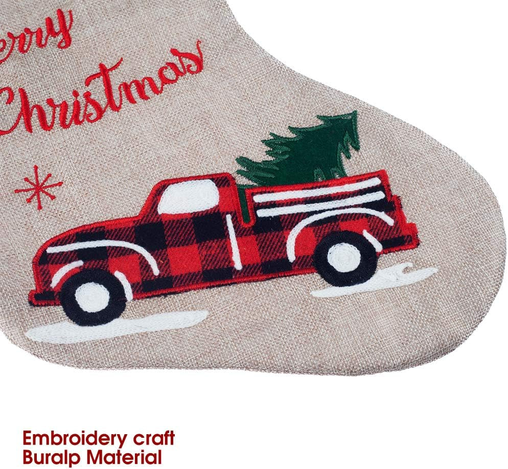 21-Inch Burlap Christmas Stockings with Embroidered Truck & Buffalo Plaid Cuff – Festive Holiday Gift Holders