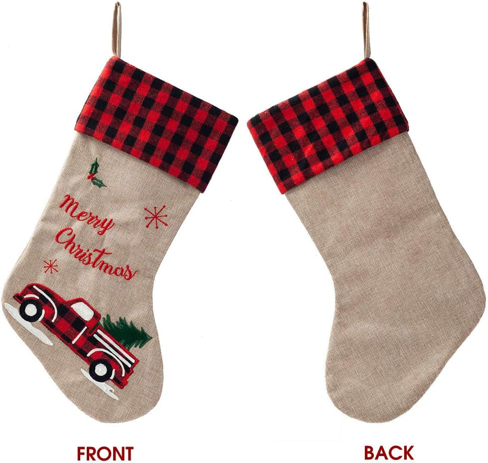 21-Inch Burlap Christmas Stockings with Embroidered Truck & Buffalo Plaid Cuff – Festive Holiday Gift Holders