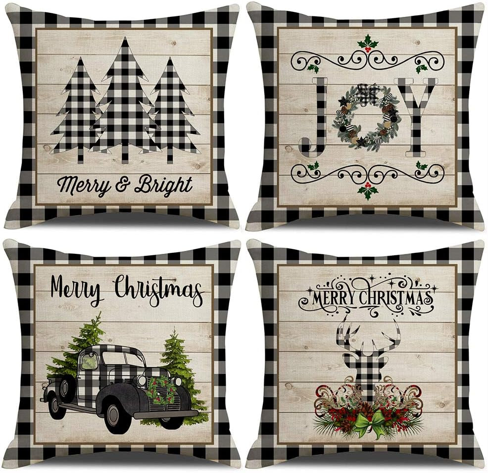 Christmas Plaid Pillow Covers – 4 Pack 18x18” Farmhouse Decor with Tree & Truck Design