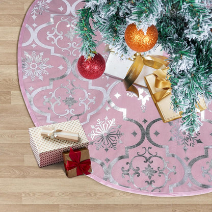 48'' Rose Pink Christmas Tree Skirt with Snowflakes - Glittery Tree Skirt for Slim Trees, Includes Matching Stocking