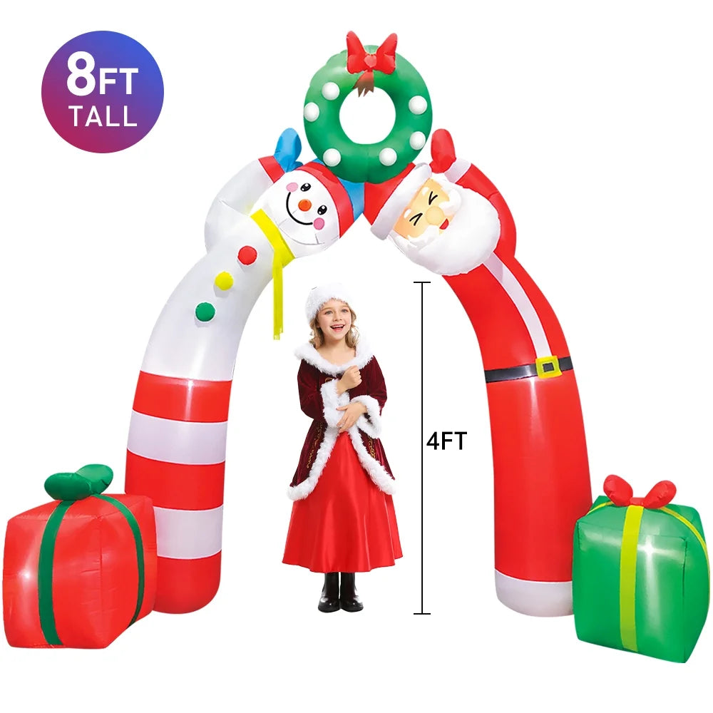 8' Christmas Inflatable Archway with Santa Claus & Snowman | LED-Lit Outdoor Holiday Decoration for Lawn & Garden