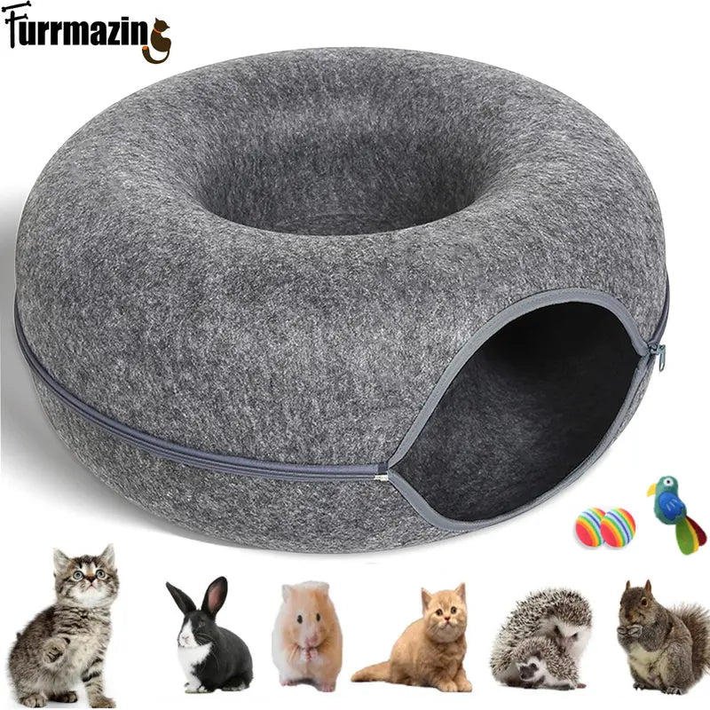 Large Scratch-Resistant Cat Tunnel Bed with Toys | Cozy Donut Bed for Indoor Cats & Multiple Pets up to 30 lbs