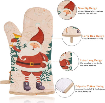 Christmas Oven Mitts & Pot Holders Set – 5 PCS Heat Resistant Kitchen Gloves for Holiday Baking