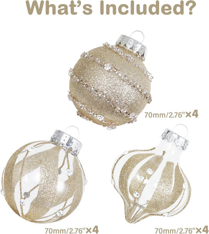 Champagne Gold Christmas Ball Ornaments – 12 Shatterproof 70mm Decorations for Festive Elegance