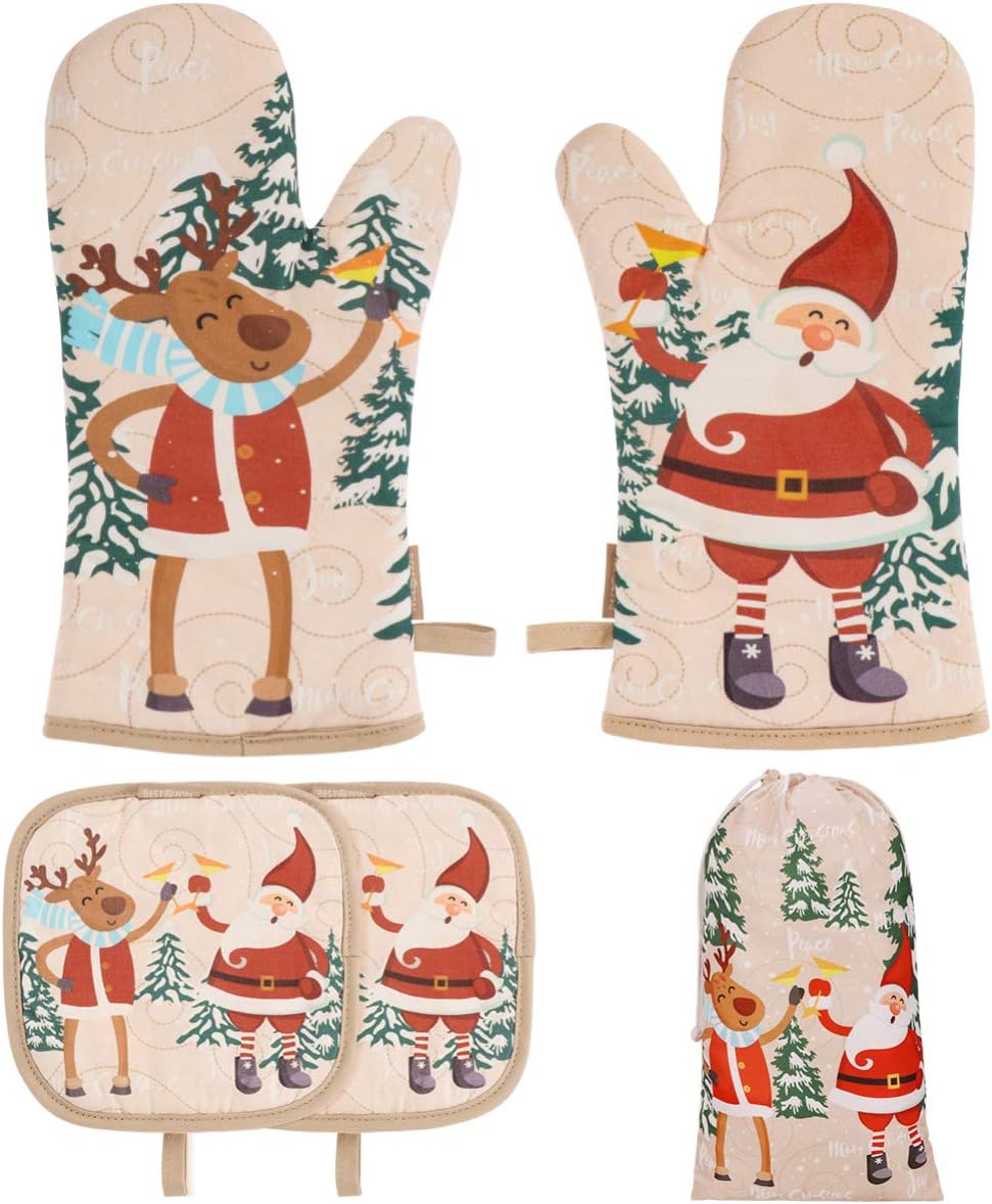 Christmas Oven Mitts & Pot Holders Set – 5 PCS Heat Resistant Kitchen Gloves for Holiday Baking