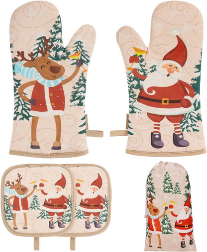 Christmas Oven Mitts & Pot Holders Set – 5 PCS Heat Resistant Kitchen Gloves for Holiday Baking