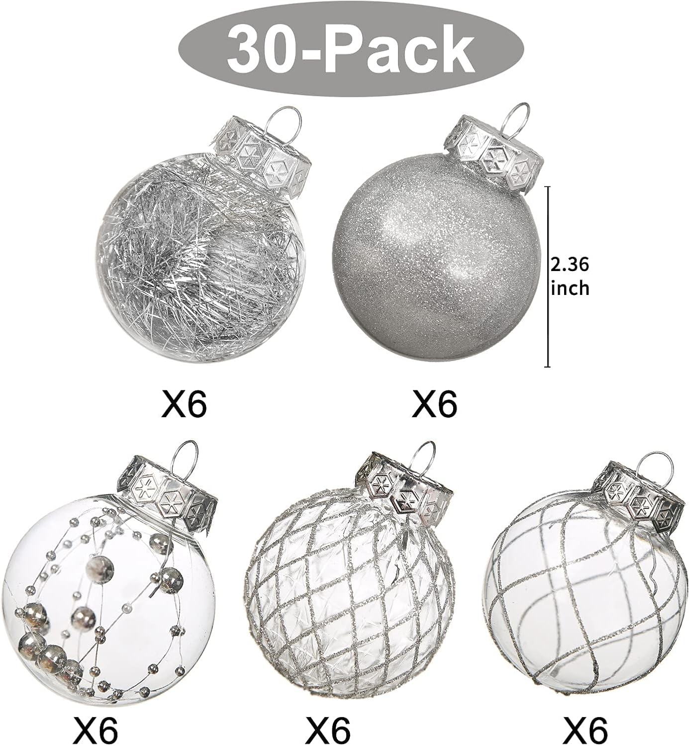 30-Pack Clear Shatterproof Christmas Ball Ornaments | 2.36 Inch Silver Baubles for Christmas Tree & Party Decorations