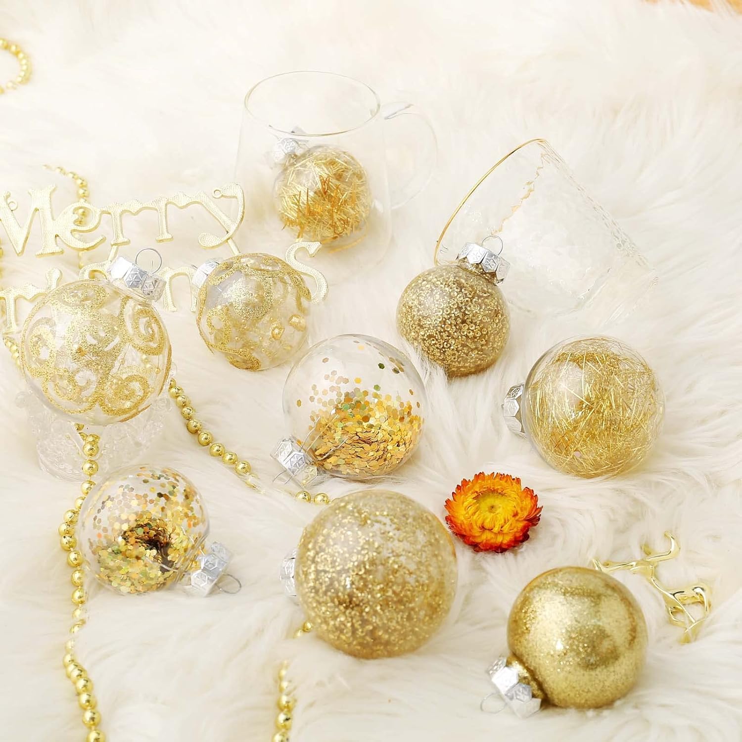 Shatterproof Gold Christmas Ball Ornaments – 70mm Large Clear Decorative Baubles with Delicate Fillings