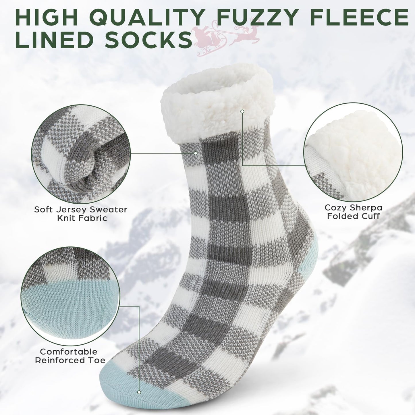 Women's Fuzzy Sherpa-Lined Sock Slippers - 2 Pack Non-Slip Thermal Socks with Grippers for Extra Warmth