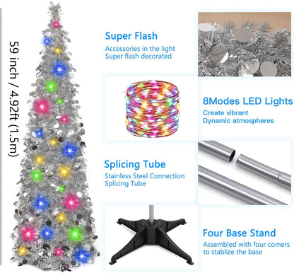 5Ft Pop-Up Christmas Tree with Lights & Ornaments – Silver Tinsel Tree for Home, Office & Holiday Decor