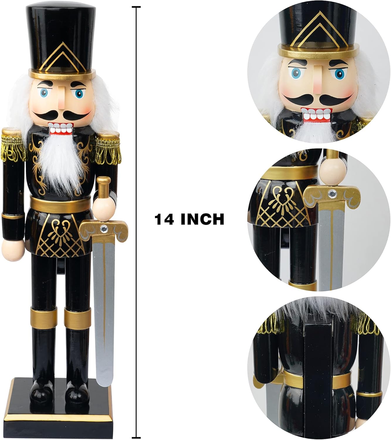 14-Inch Wooden Nutcracker Soldier in Black Uniform with Sword - Handmade Christmas Decoration for Tabletop, Fireplace, and Indoor Holiday Decor