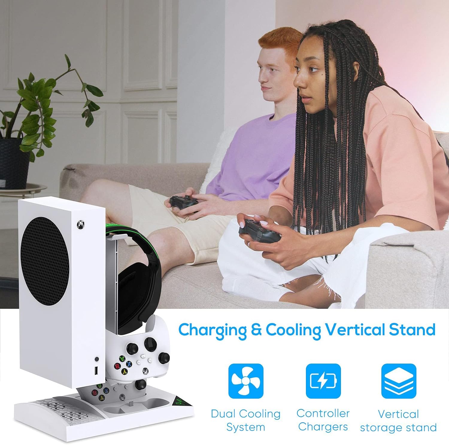 Cooling Stand and Charger Dock for Xbox Series S | Vertical Dual Fan with 2x 1400mAh Rechargeable Batteries & Headphone Holder