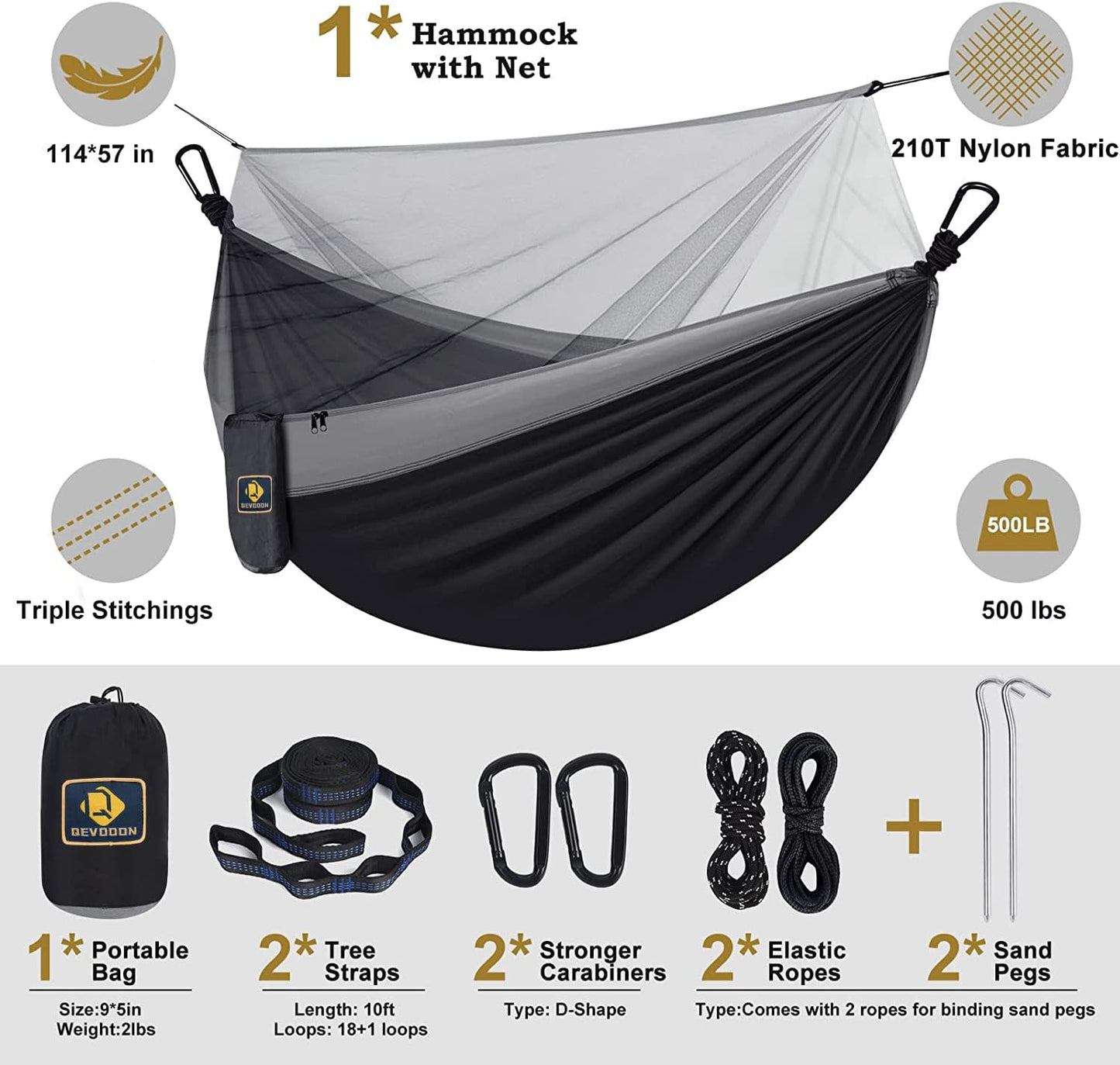 Lightweight Camping Hammock with Mosquito Net - Portable, Durable Nylon Hammock with Tree Straps & Carabiners