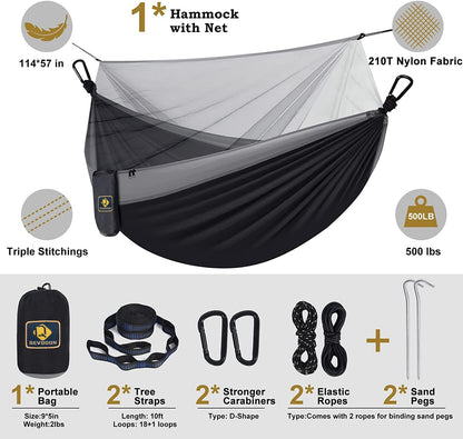 Lightweight Camping Hammock with Mosquito Net - Portable, Durable Nylon Hammock with Tree Straps & Carabiners