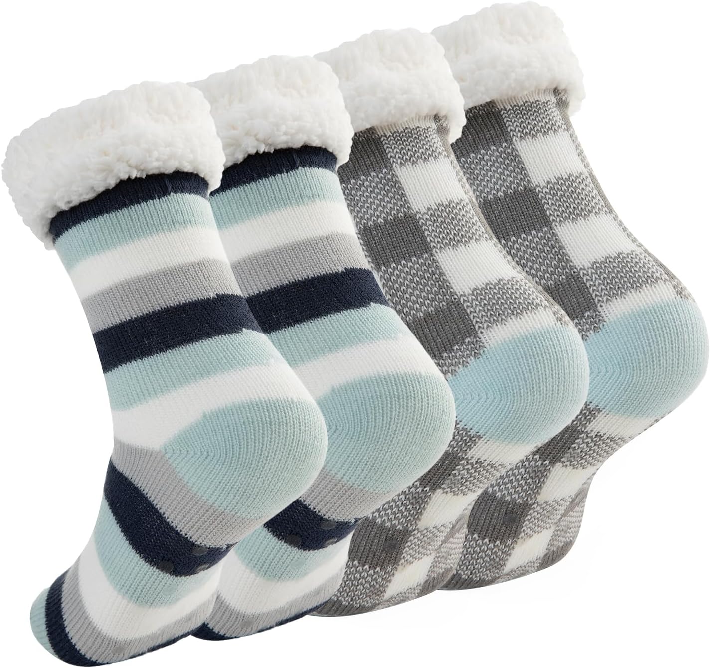 Women's Fuzzy Sherpa-Lined Sock Slippers - 2 Pack Non-Slip Thermal Socks with Grippers for Extra Warmth