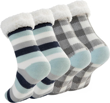 Women's Fuzzy Sherpa-Lined Sock Slippers - 2 Pack Non-Slip Thermal Socks with Grippers for Extra Warmth