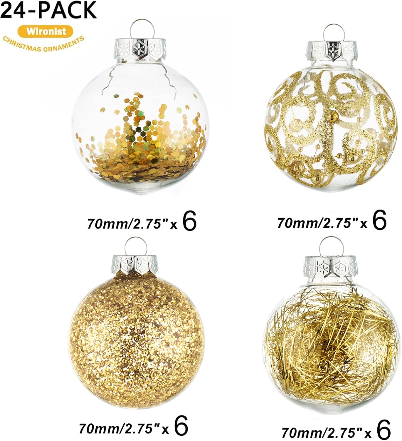 Shatterproof Gold Christmas Ball Ornaments – 70mm Large Clear Decorative Baubles with Delicate Fillings