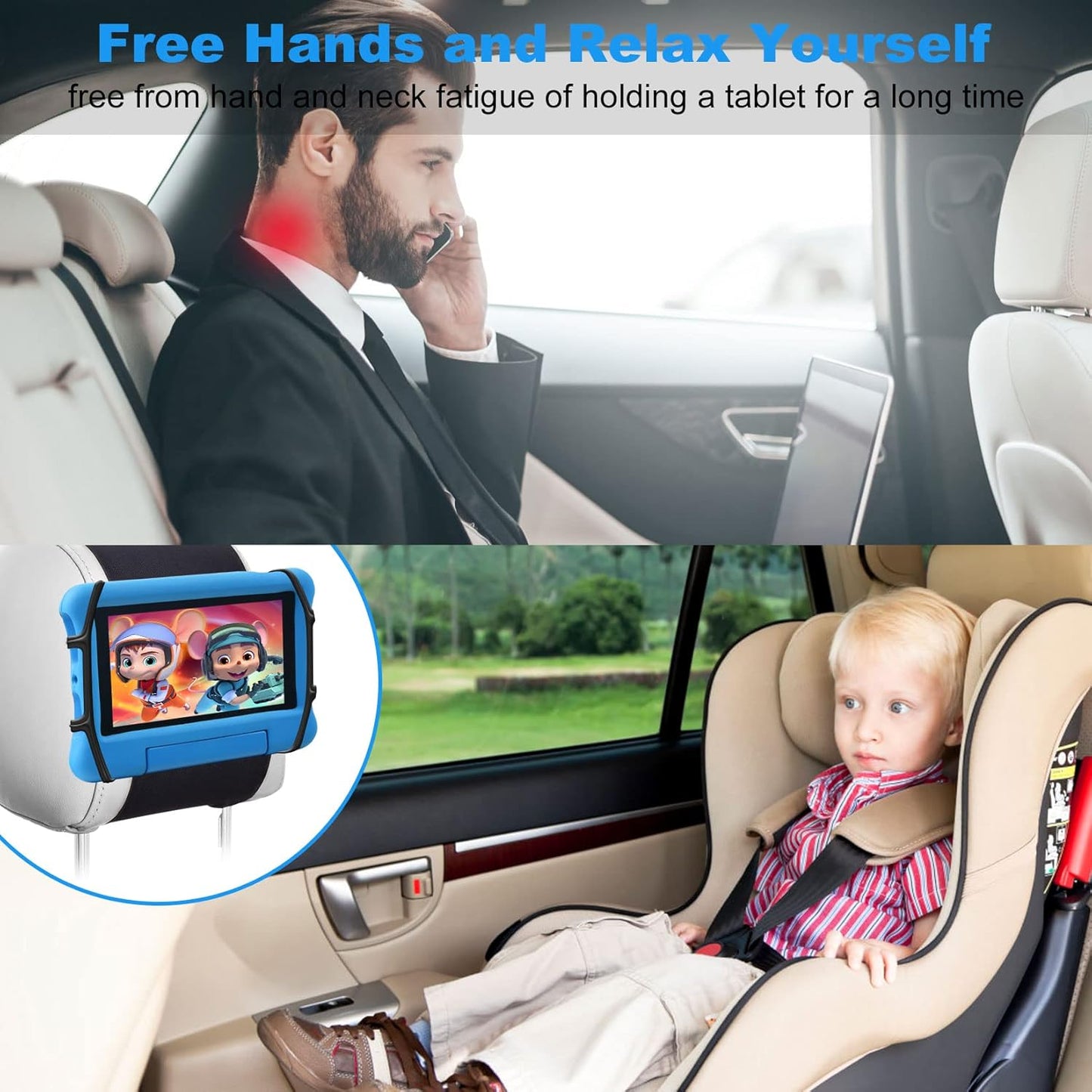 Adjustable Car Headrest Tablet Mount | Universal Silicon Holder for 7-12.9" Tablets & Devices (2 Pack)