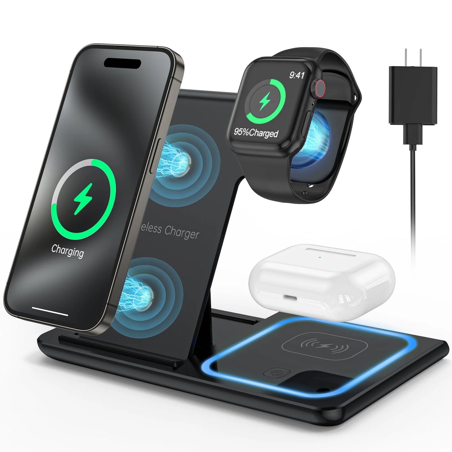 3-in-1 Wireless Charging Station for iPhone, Apple Watch, and AirPods | 18W Fast Charger with QC3.0 Adapter