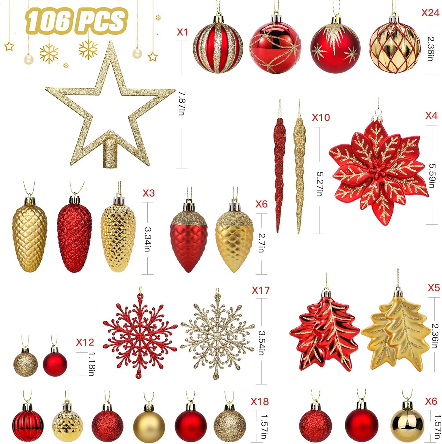 106PCS Christmas Ornament Set – Red & Gold Shatterproof Baubles with Hooks for Tree, Party & Wedding Decor