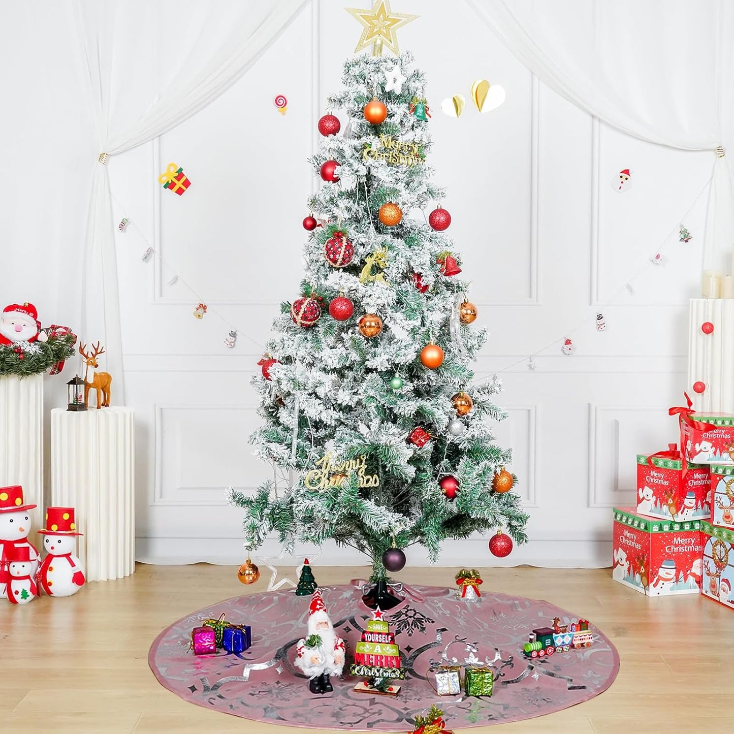 48'' Rose Pink Christmas Tree Skirt with Snowflakes - Glittery Tree Skirt for Slim Trees, Includes Matching Stocking