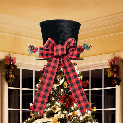 Rustic Black Christmas Tree Topper Hat with Buffalo Plaid Bow – Farmhouse Holiday Decor