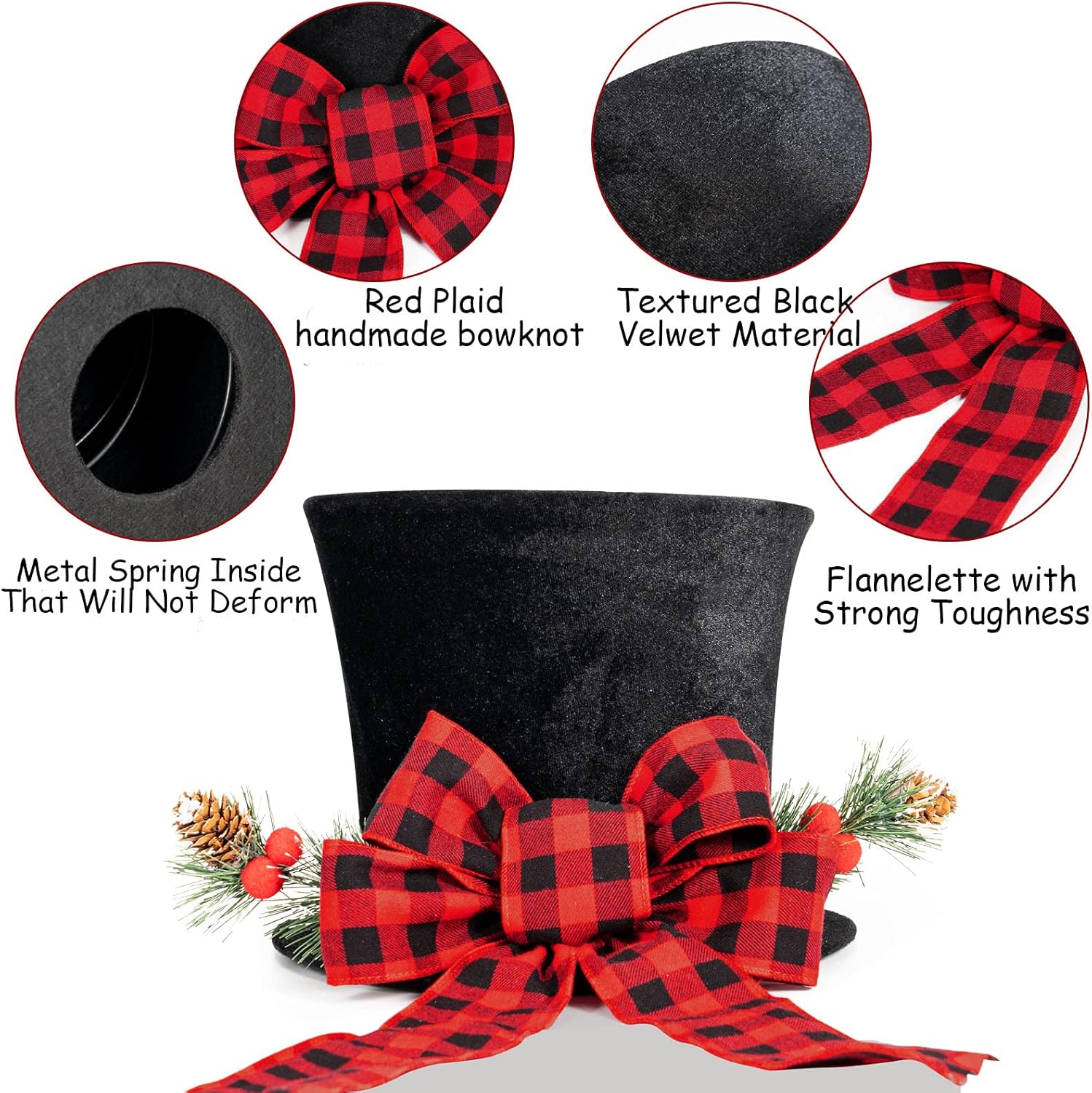 Rustic Black Christmas Tree Topper Hat with Buffalo Plaid Bow – Farmhouse Holiday Decor