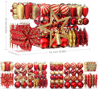 106PCS Christmas Ornament Set – Red & Gold Shatterproof Baubles with Hooks for Tree, Party & Wedding Decor