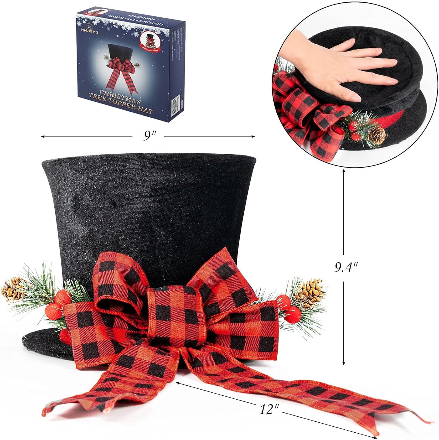 Rustic Black Christmas Tree Topper Hat with Buffalo Plaid Bow – Farmhouse Holiday Decor