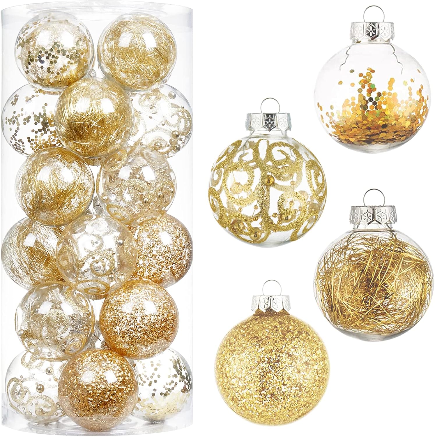 Shatterproof Gold Christmas Ball Ornaments – 70mm Large Clear Decorative Baubles with Delicate Fillings